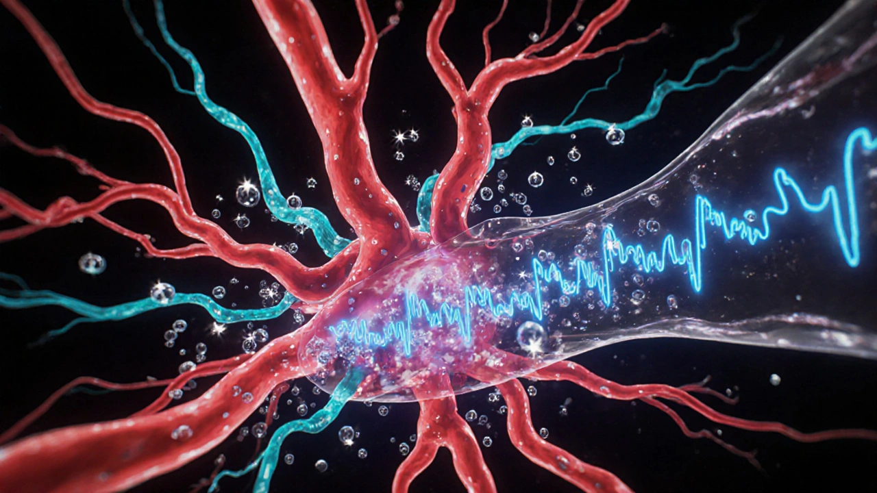 Anime view of heart vessels with glowing calcium ions being blocked.
