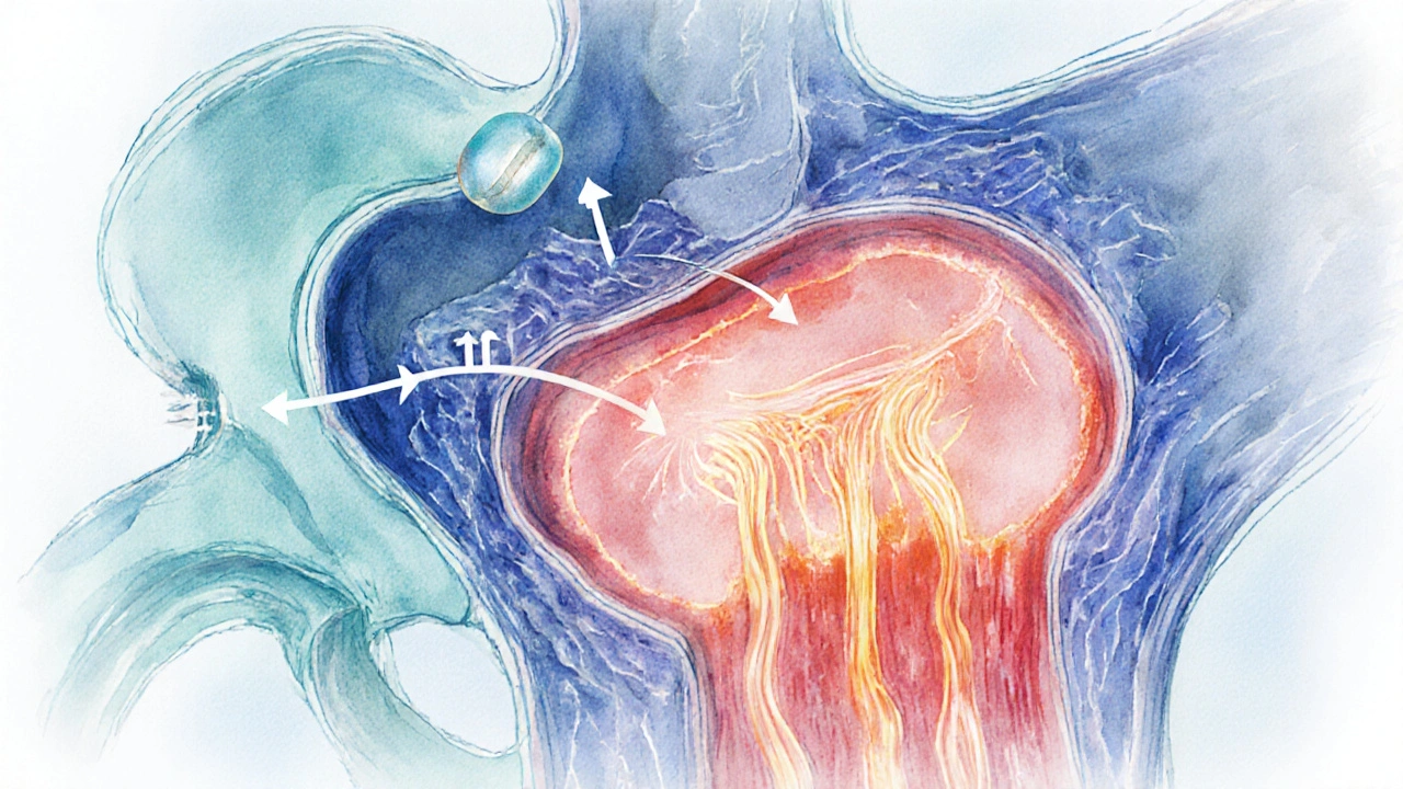 Artistic cross‑section showing blood flow into penis tissue as a tadalafil pill dissolves.