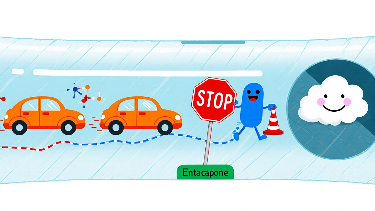 Cartoon bloodstream traffic scene showing levodopa, carbidopa, and entacapone working together.