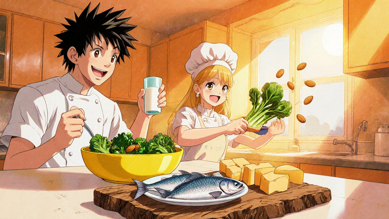 Characters enjoy calcium‑rich foods in a sunny kitchen.