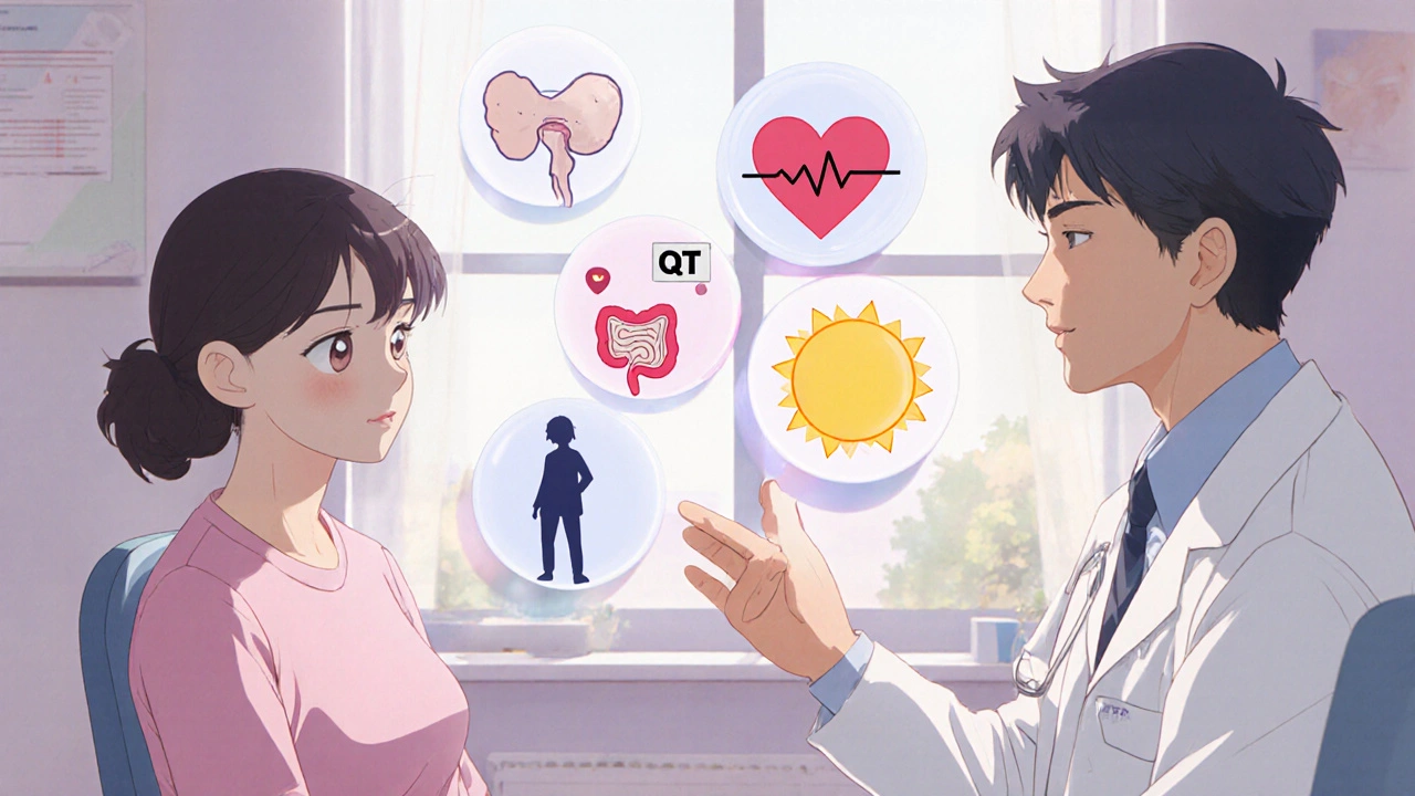 Doctor and patient discussing treatment with floating icons of bone, urinary tract, pregnancy, heart, and sun.