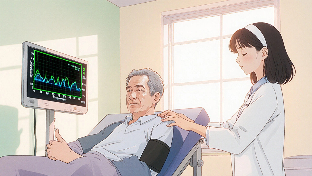 Doctor guiding patient on tilt‑table, patient in compression stockings, with a DaT‑SPECT scan hologram.