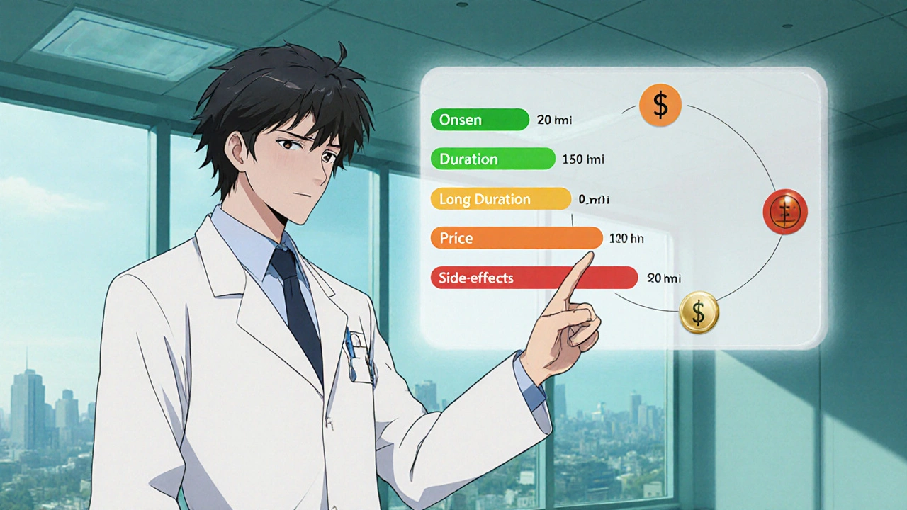 Doctor points at floating icons comparing onset, duration, price, and side effects of ED drugs.