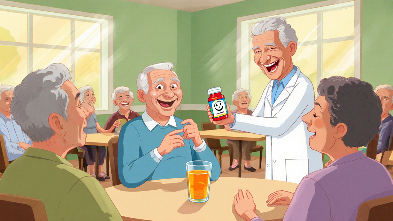Elderly man at bridge club smiling after taking the triple‑combo pill, with doctor handing medication.