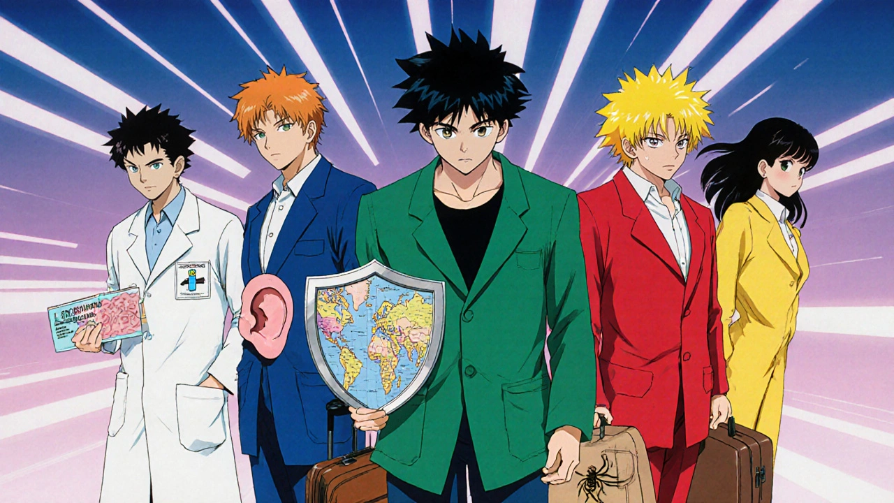 Five anime characters each representing a different antibiotic with related icons.