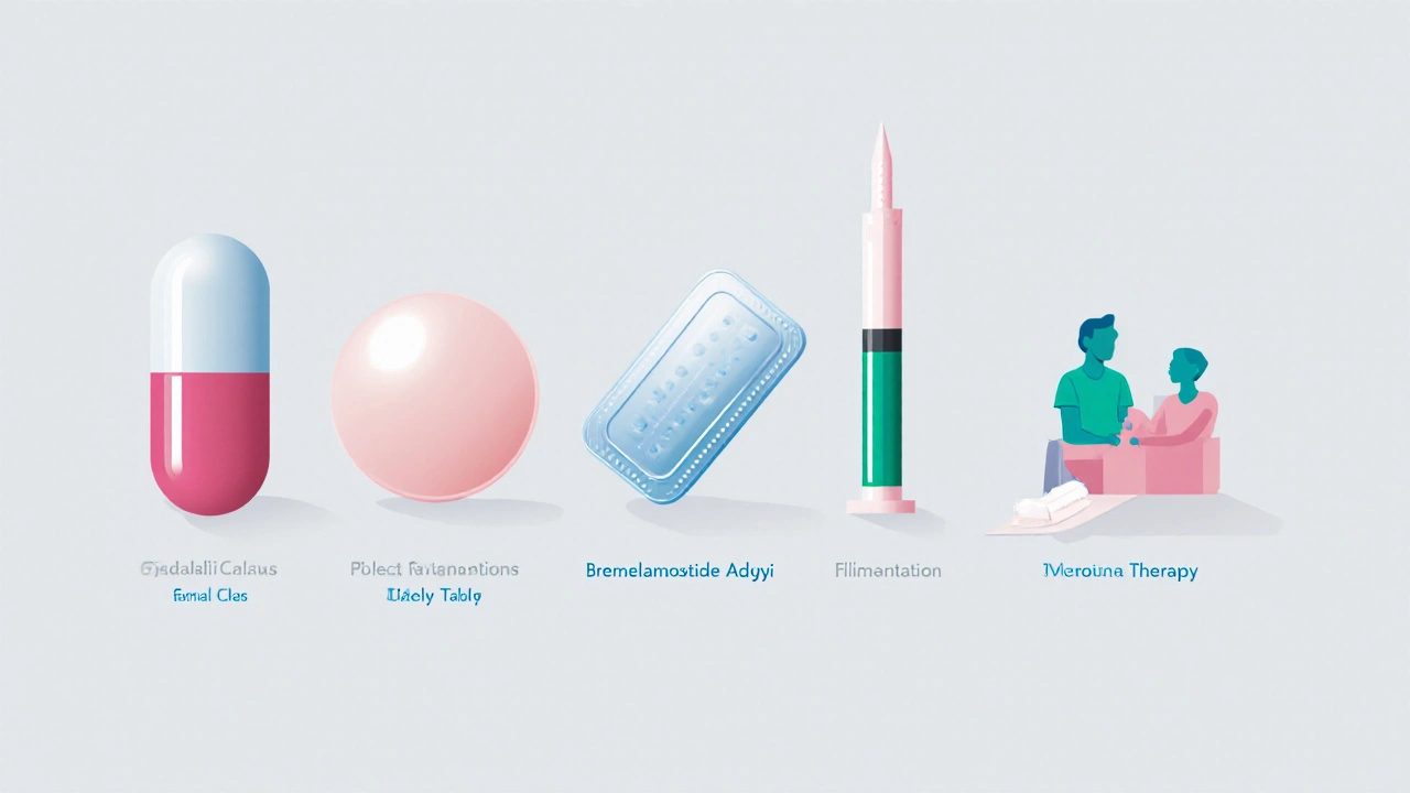 Flat illustration of various female sexual dysfunction treatments: pills, injector, patch, and counseling icon.