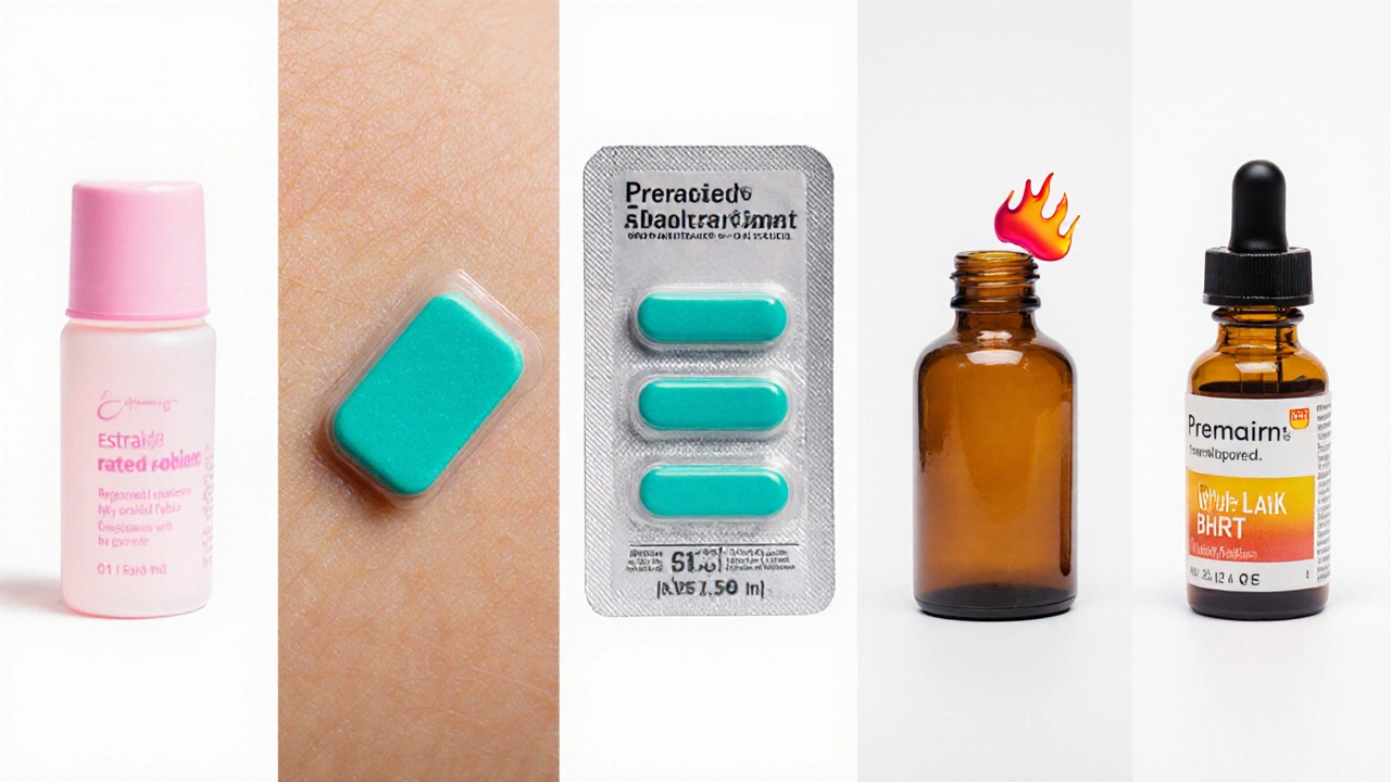 Four panels showing estriol tablet, estradiol patch, Premarin pill, and BHRT vial in a clean comparative layout.