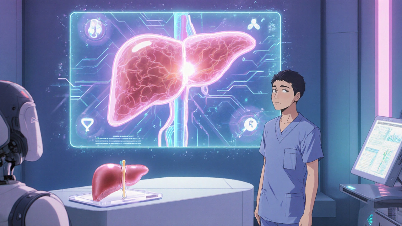 Futuristic scene of a surgeon reviewing a holographic 3D liver model with AI guidance.