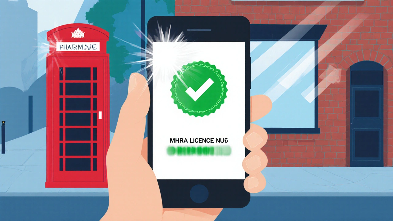 Hand holding phone showing a green pharmacy badge and MHRA licence verification.