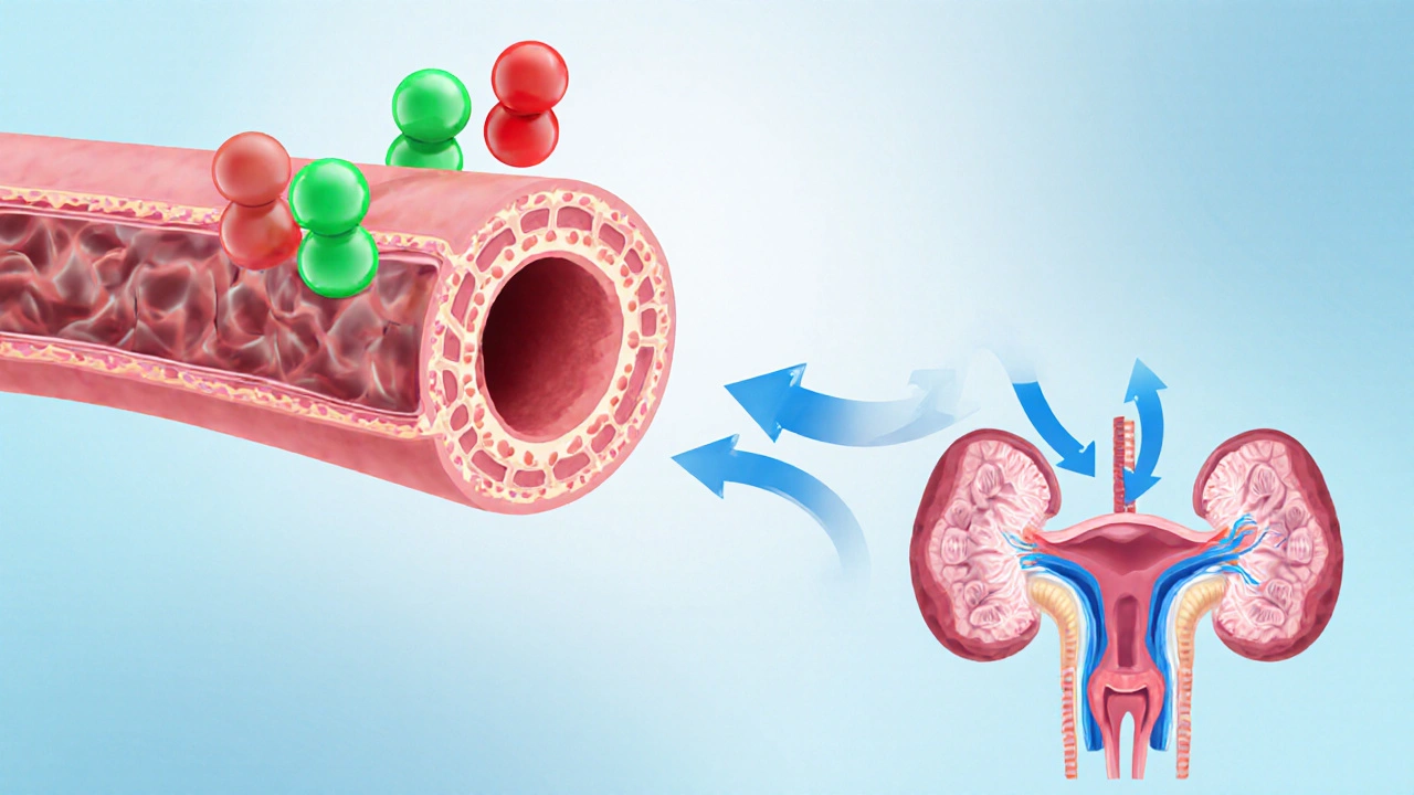 Illustration of artery relaxing with irbesartan and kidney activity from hydrochlorothiazide.