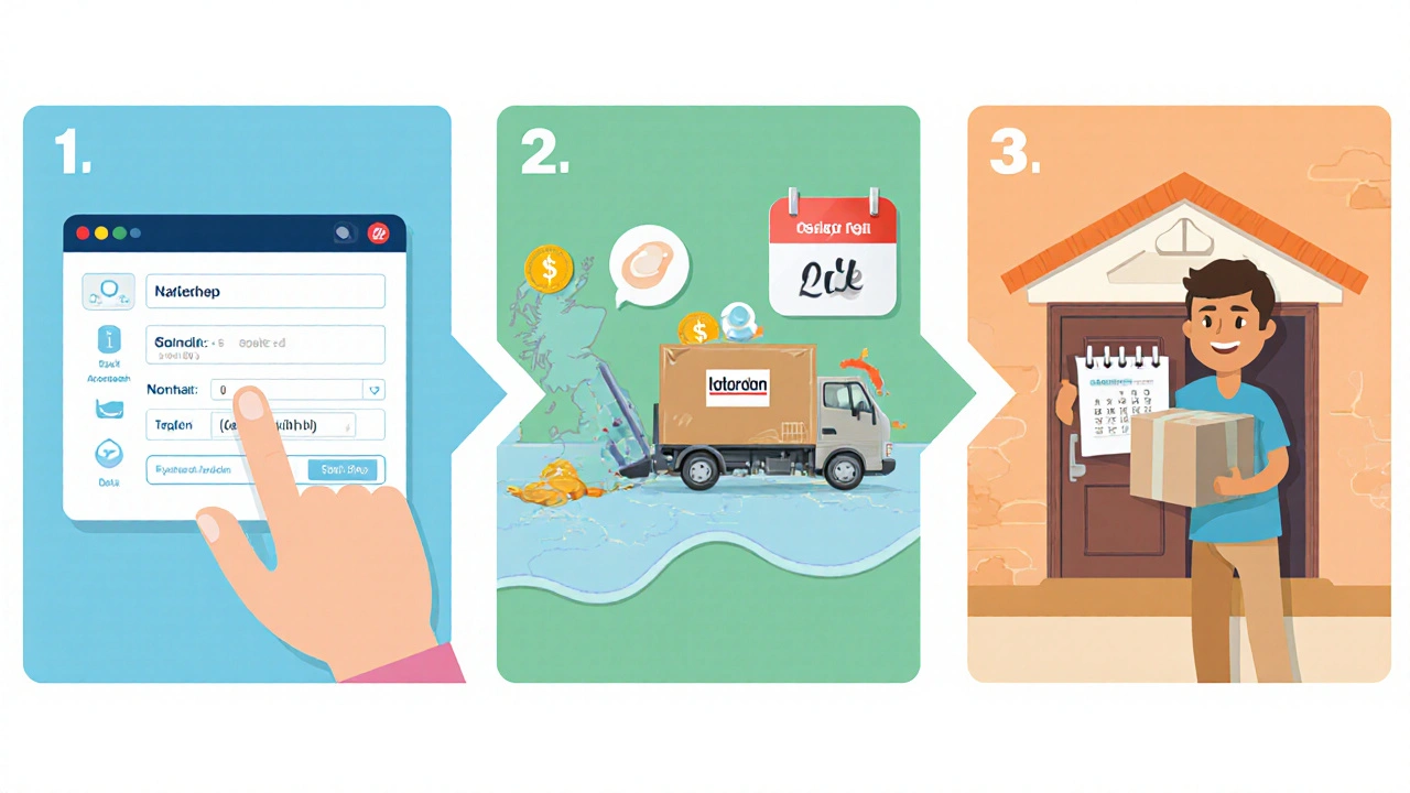 Illustration of selecting dosage, delivery truck, and receiving ibuprofen package.