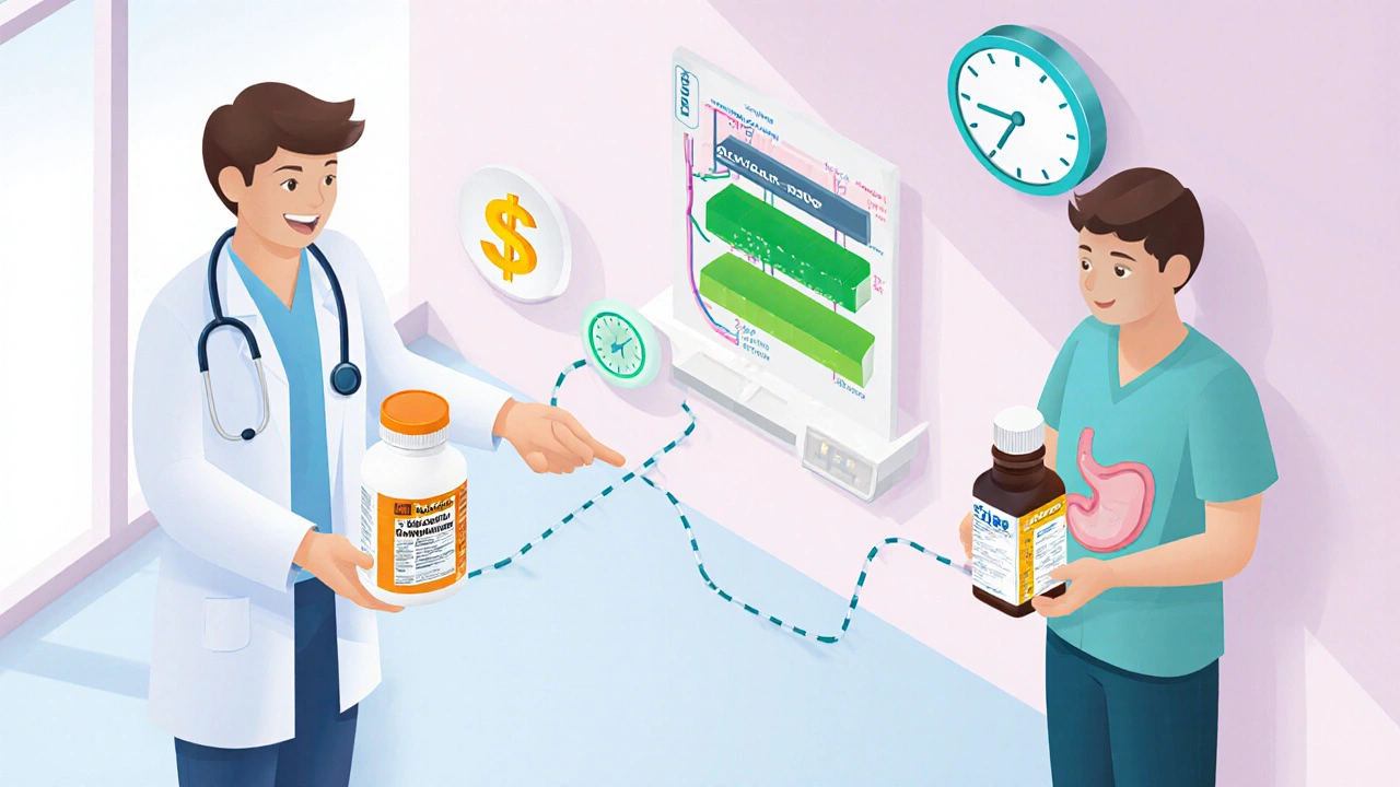 Isometric office showing two patient paths: generic omeprazole and Pariet with a stomach diagram.