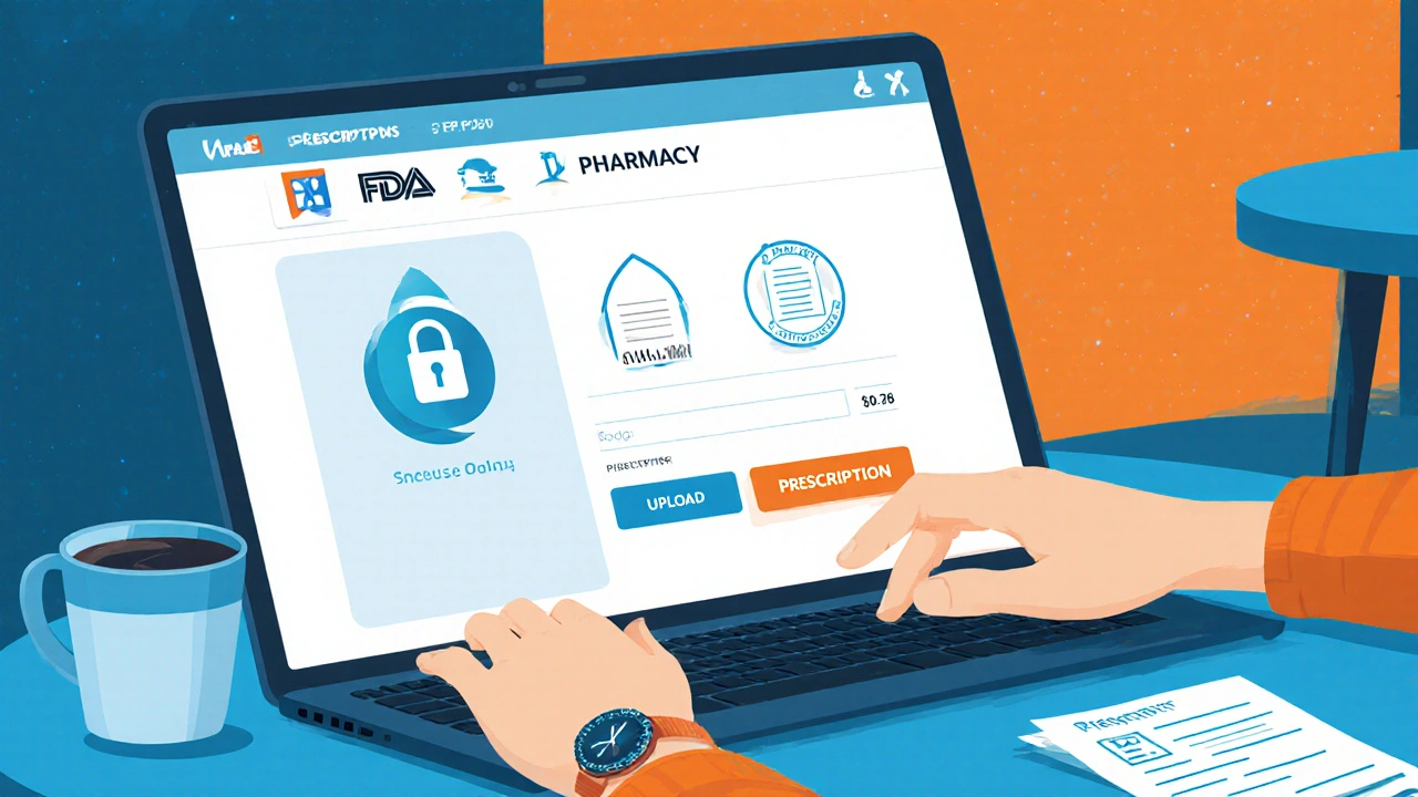 Laptop showing a secure pharmacy checkout page with HTTPS padlock and FDA/MHRA badges.