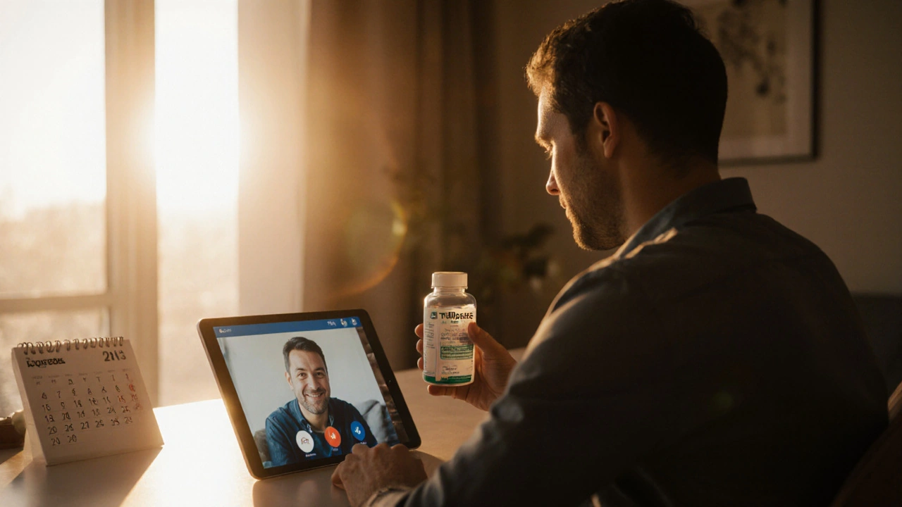 Man holding Tadarise bottle while using telehealth on a tablet, sunrise light in background.