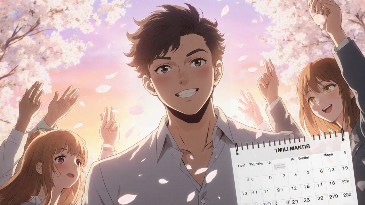 Man with thicker hair walking in a sunny park, friends cheering, cherry blossoms.