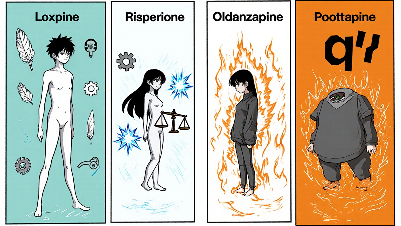 Manga spread comparing Loxapine, Risperidone, and Olanzapine using icons for weight, EPS, and metabolism.
