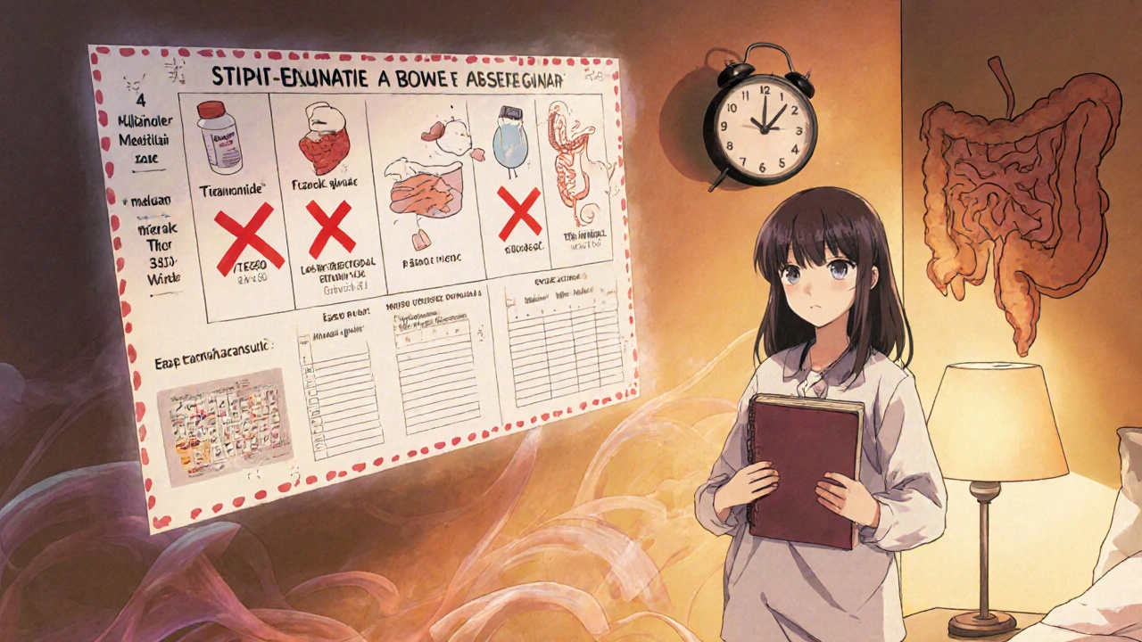 Medical chart with medications and symbols, person holding a journal tracking bowel habits.