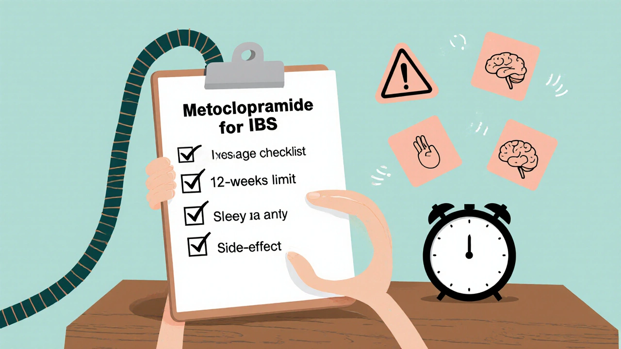 Nurse checking a clipboard list of Metoclopramide dosage, duration, and side‑effect warnings.
