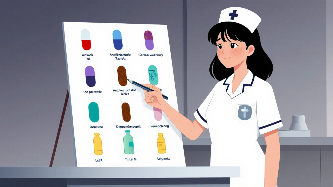 Nurse pointing to icons of various drug classes that can cause constipation on a medical chart.