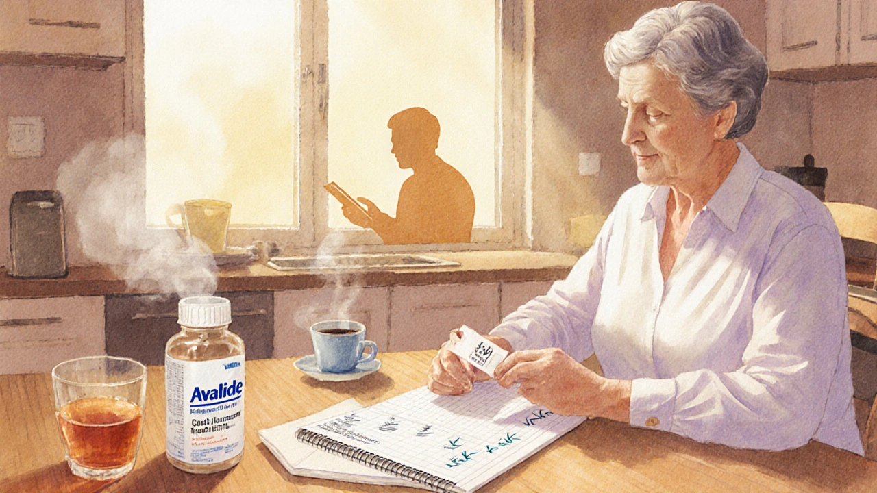 Patient at kitchen table comparing medication bottles, price tags, and notes with doctor advice.