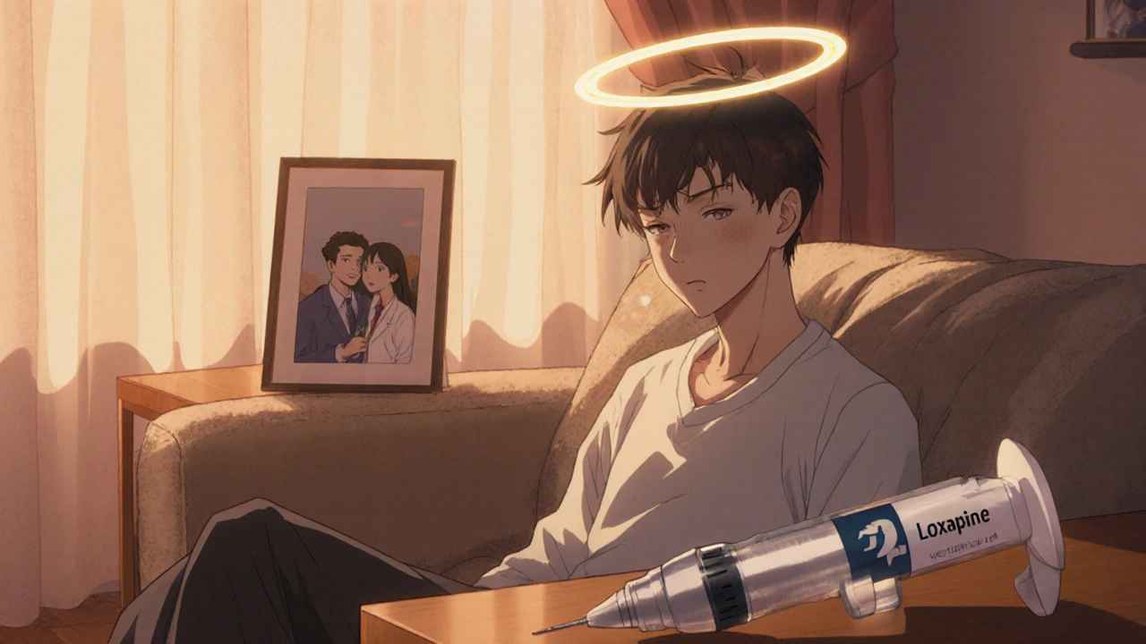 Patient relaxed on a sofa at dusk, glowing aura indicating relief, with Loxapine injection pen on a table.