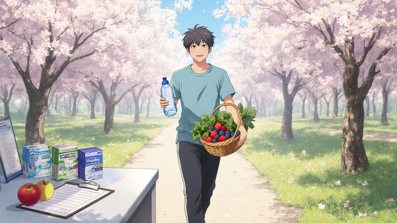 Patient walking in a sunny park holding water and fiber foods, with pharmacy items nearby.