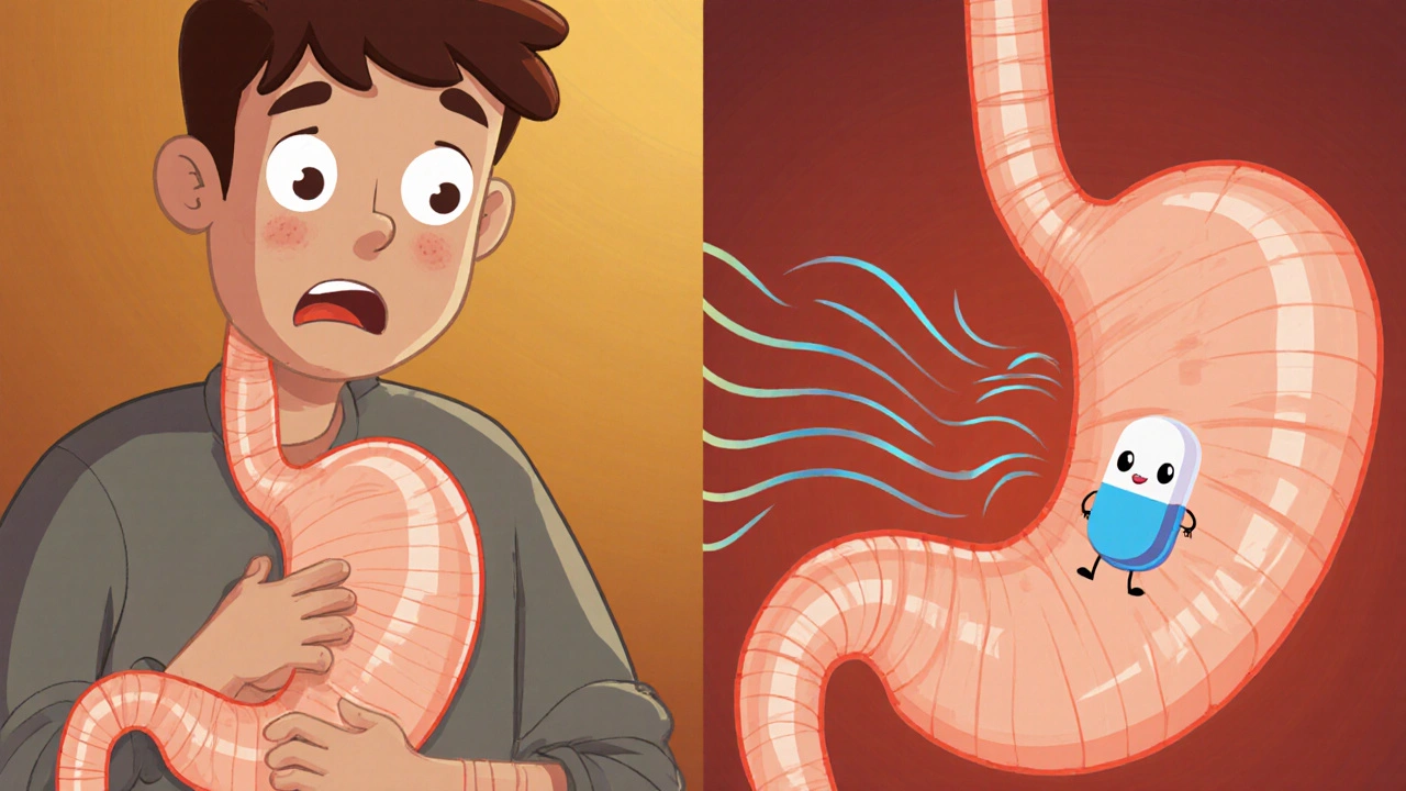 Patient with belly pain before and after a bouncing Metoclopramide pill speeds up stomach motion.