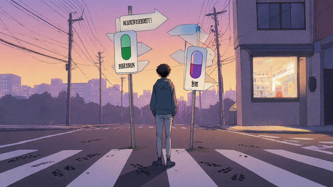Person at crossroads with signposts indicating different antidepressant options at dusk.