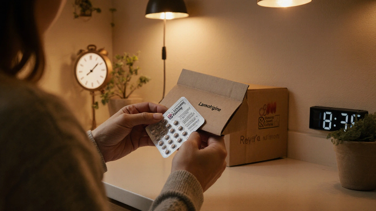 Person opening a parcel to reveal a blister pack of generic lamotrigine tablets on a kitchen counter.