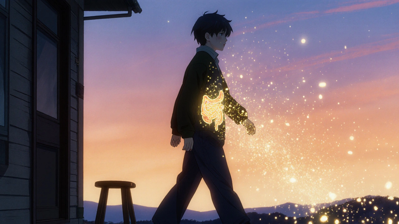 Person walking at dusk, golden particles symbolizing improved digestion flowing through their body.