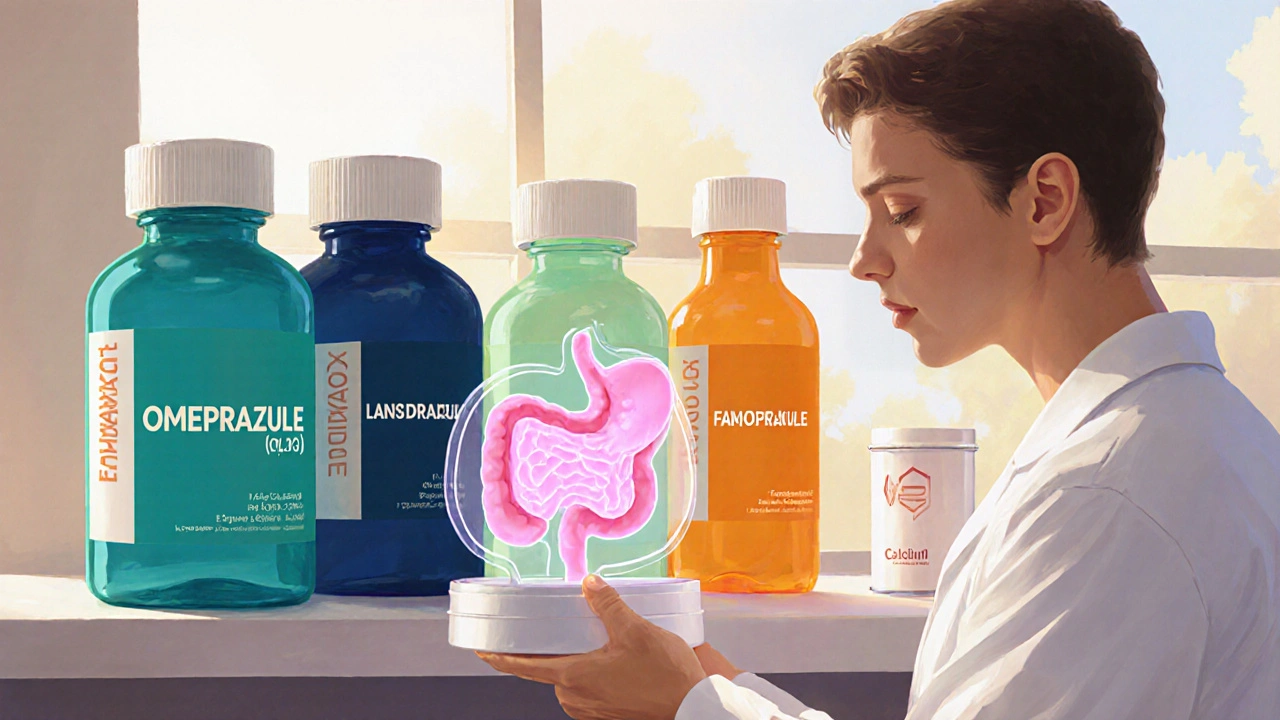 Pharmacy aisle displaying various medication bottles and a pharmacist with a stomach model.
