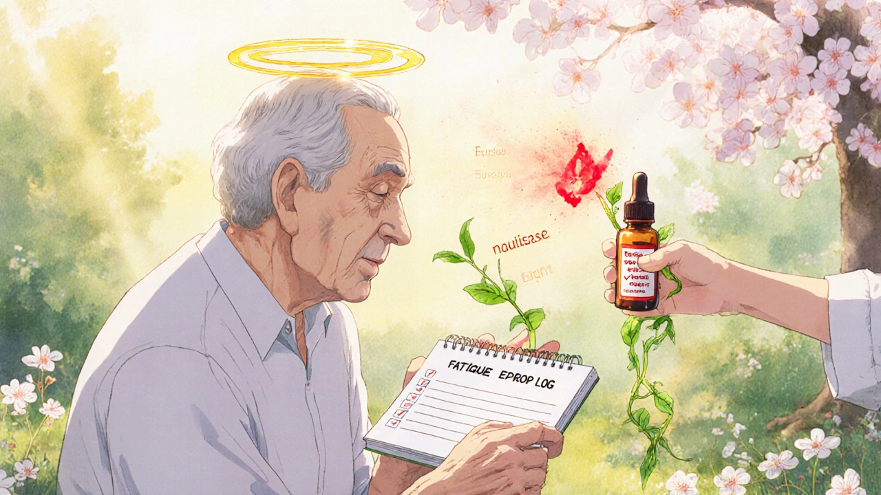 Senior in garden with eye drop log, fading side effect symbols replaced by healing vines and family connection.