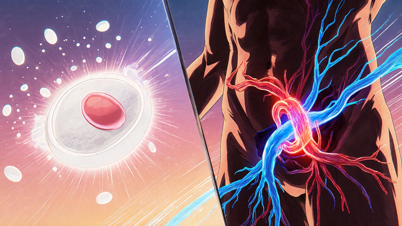 Split illustration shows rapid tablet dissolution and increased blood flow to penis.