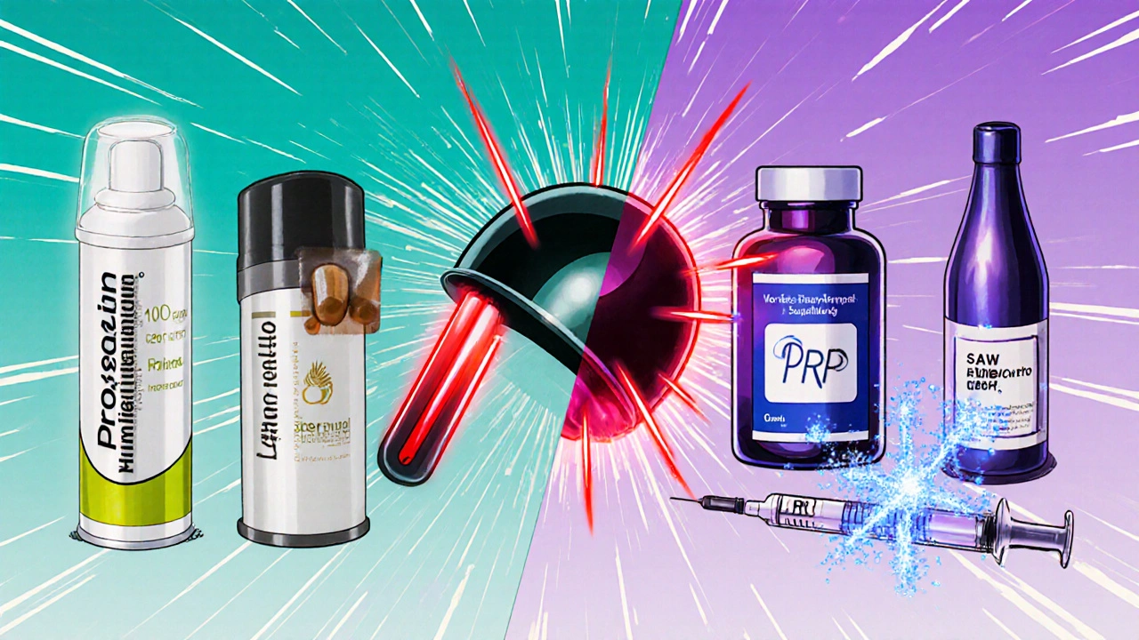 Split‑screen showing Proscalpin pill, minoxidil foam, dutasteride, laser cap, PRP syringe, and saw palmetto.