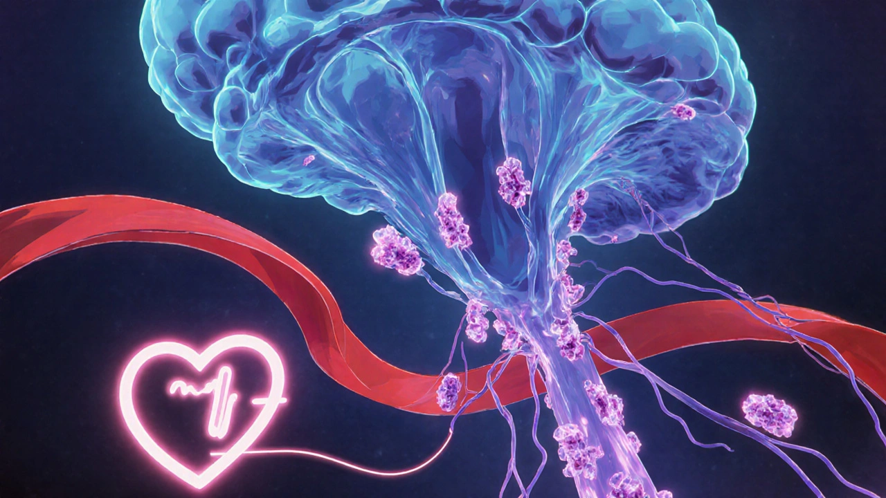 Stylized brainstem landscape showing glowing towers, alpha‑synuclein crystals, and a red baroreflex ribbon.