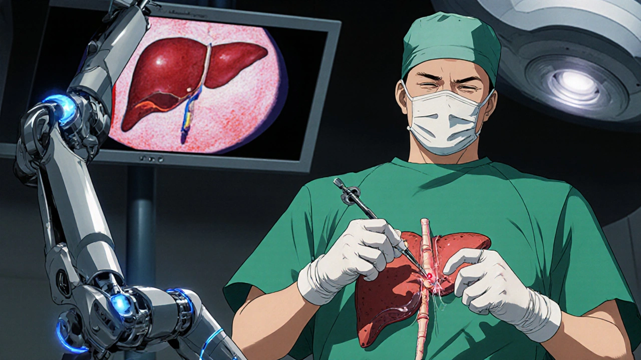 Surgeon performs hepatic resection with robotic assistance in an operating theater.