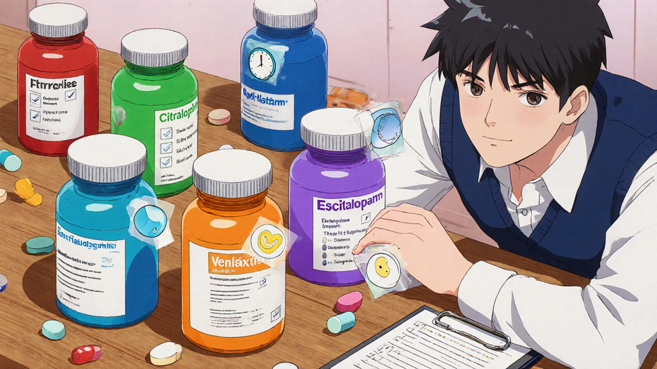 Table with colored pill bottles and floating icons representing half‑life and side effects.