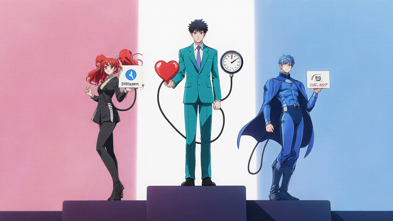 Three anime characters representing different blood‑pressure drugs on a platform.