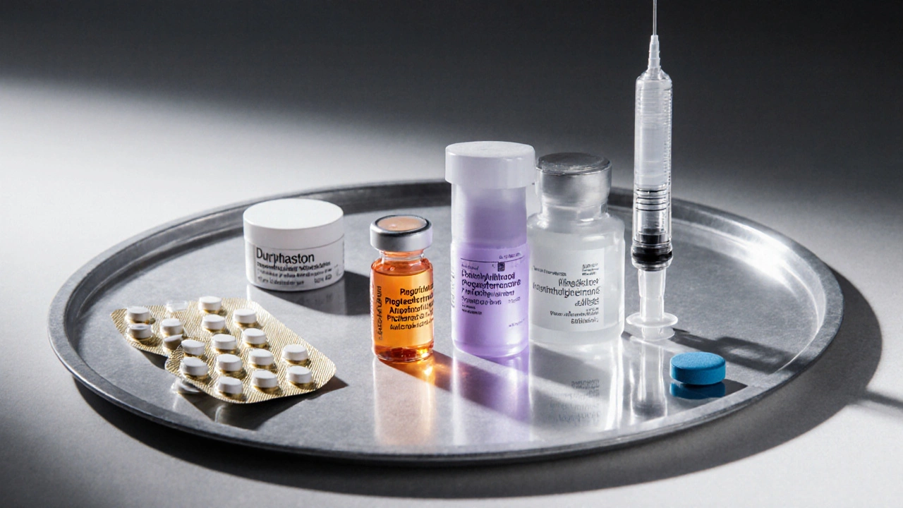 Variety of hormone therapy forms displayed on a medical tray: tablets, capsules, gel, and injection syringe.