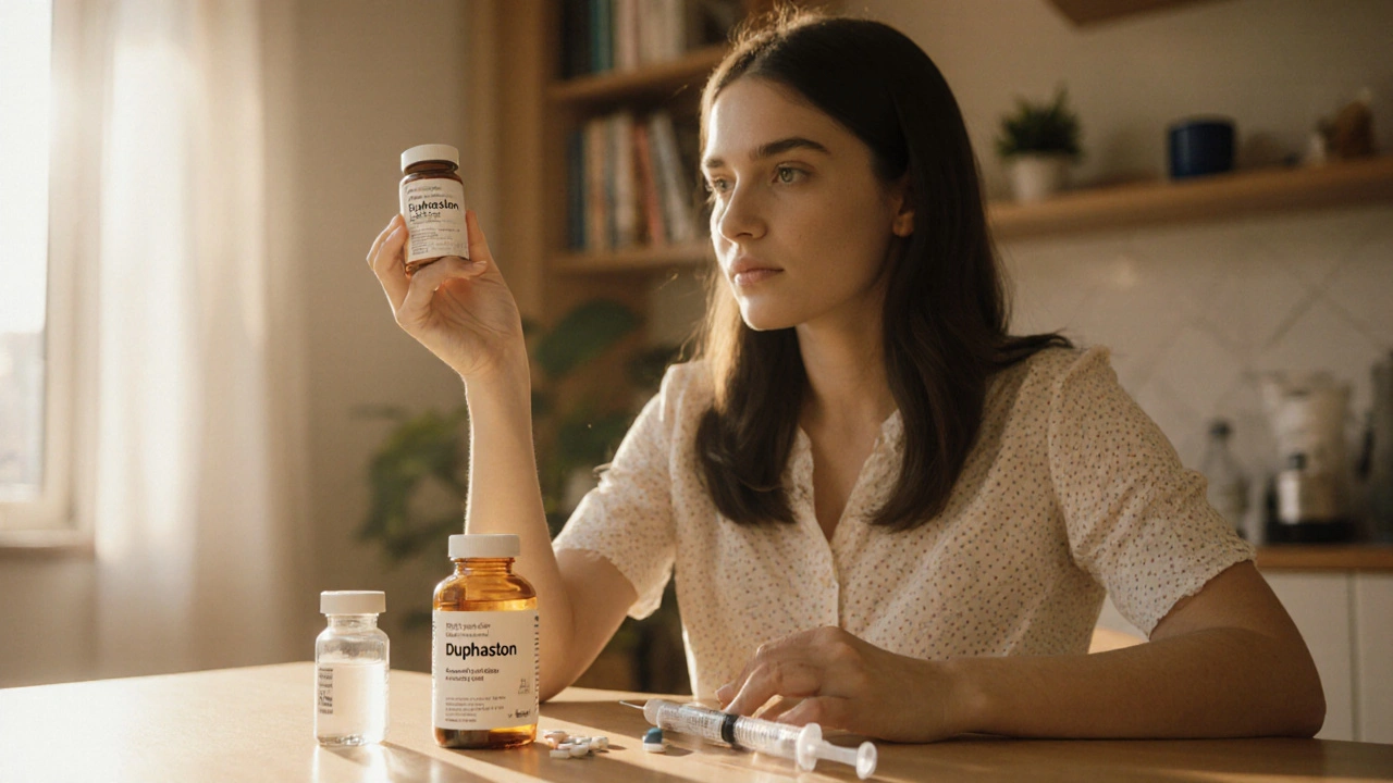 Woman at kitchen table holding Duphaston bottle, with an injection vial nearby, bathed in soft sunlight.