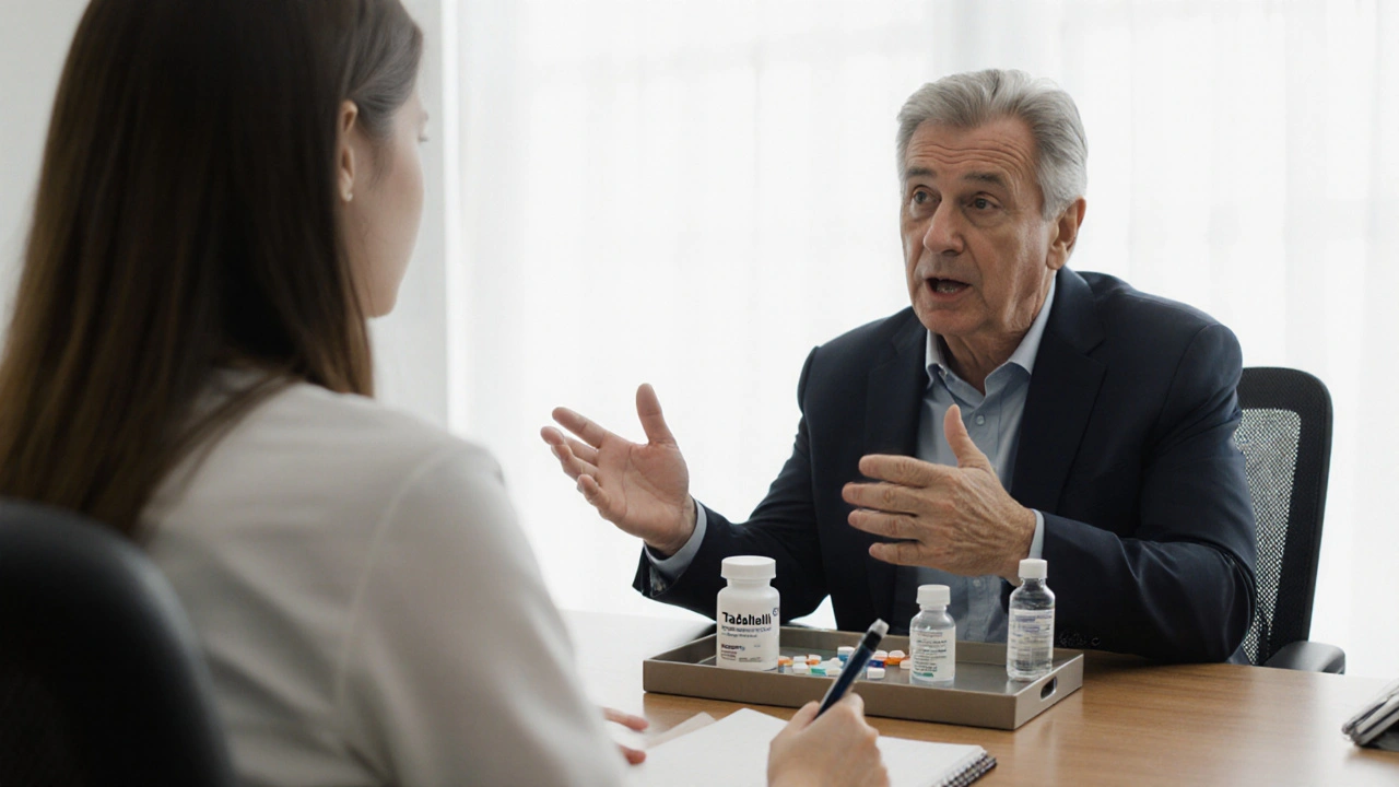 Woman consulting a doctor in an office, with medication options displayed on a tray.