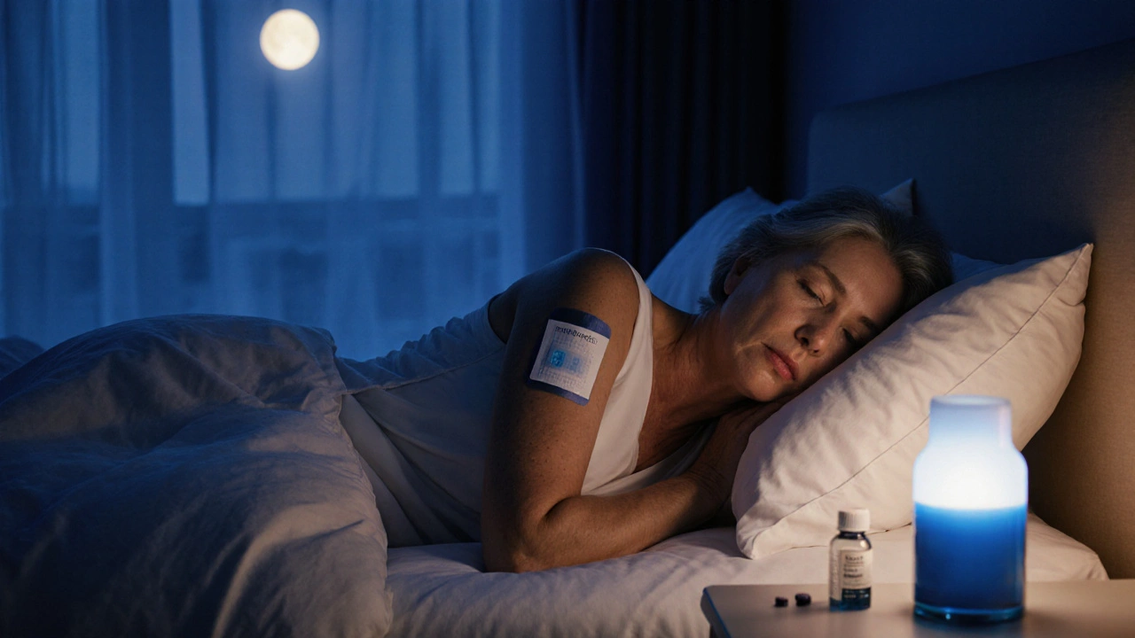 Woman sleeping peacefully with an estradiol patch and estriol tablet bottle on bedside table, nightlight glow.