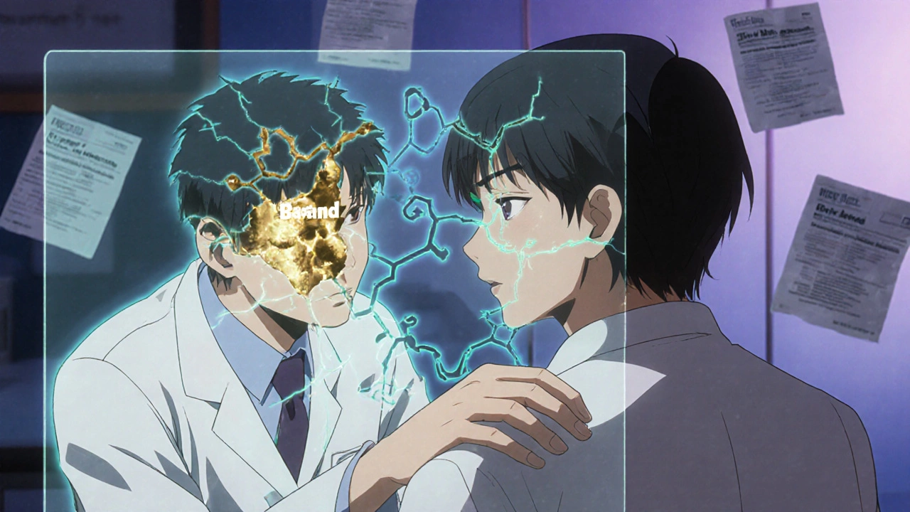 A doctor comforts a patient as their mind shows the generic pill as dark and cracked, while the brand glows gold.