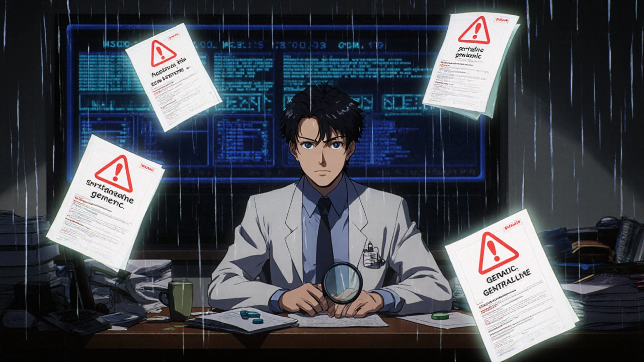 A doctor reviews glowing MedWatch reports with manufacturer names highlighted, data streams floating around them.