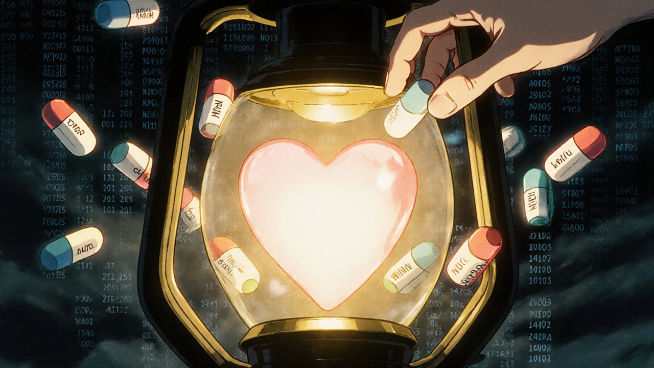 A glowing heart lantern is stabilized by a correctly labeled generic pill among many others with different coatings.