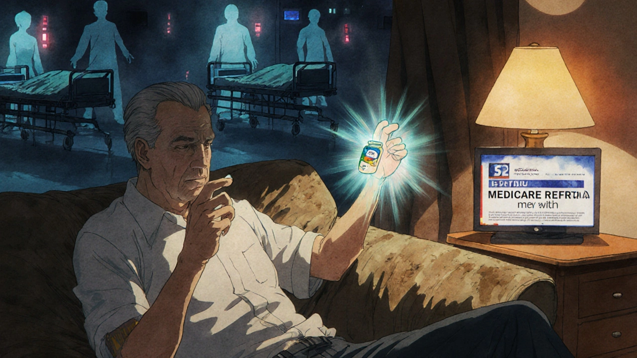 A man holding half a pill at night, with floating coupons and ghostly hospital images in the background.