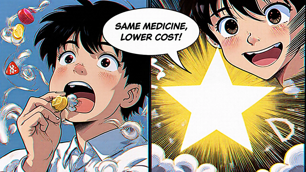 A patient transitions from fear to calm as a generic pill transforms into a star, with text &#039;Same medicine, lower cost&#039; glowing beside them.