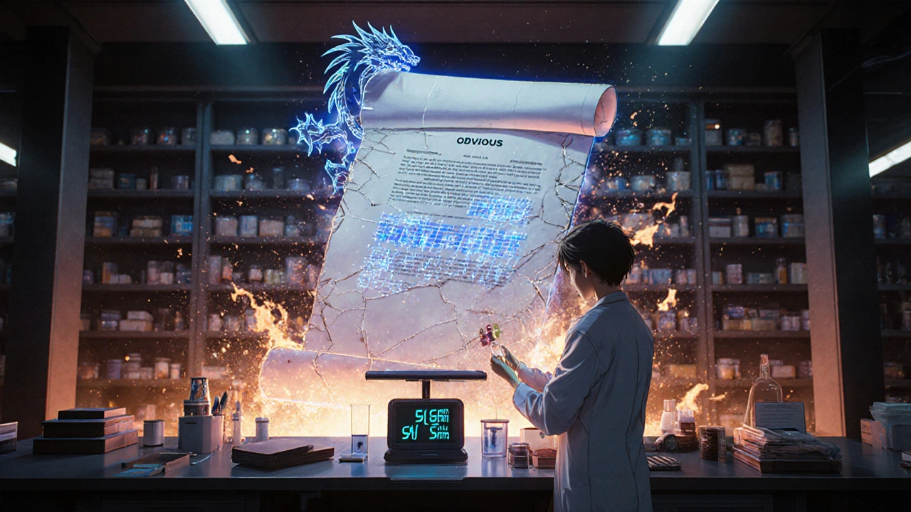 A scientist adjusting precise drug dosages as a patent crumbles and a new one rises in glowing light.