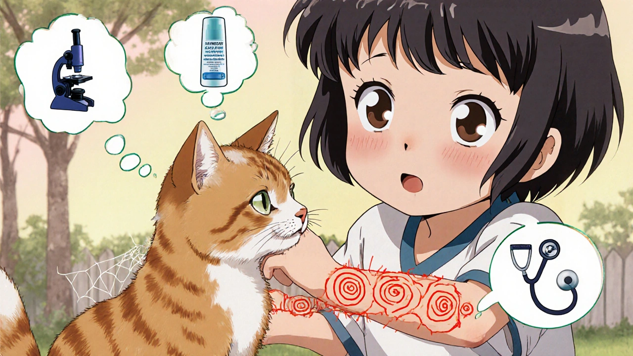 Child petting a cat with bald patches, fungal patterns glowing on their arm under sunny backyard light.