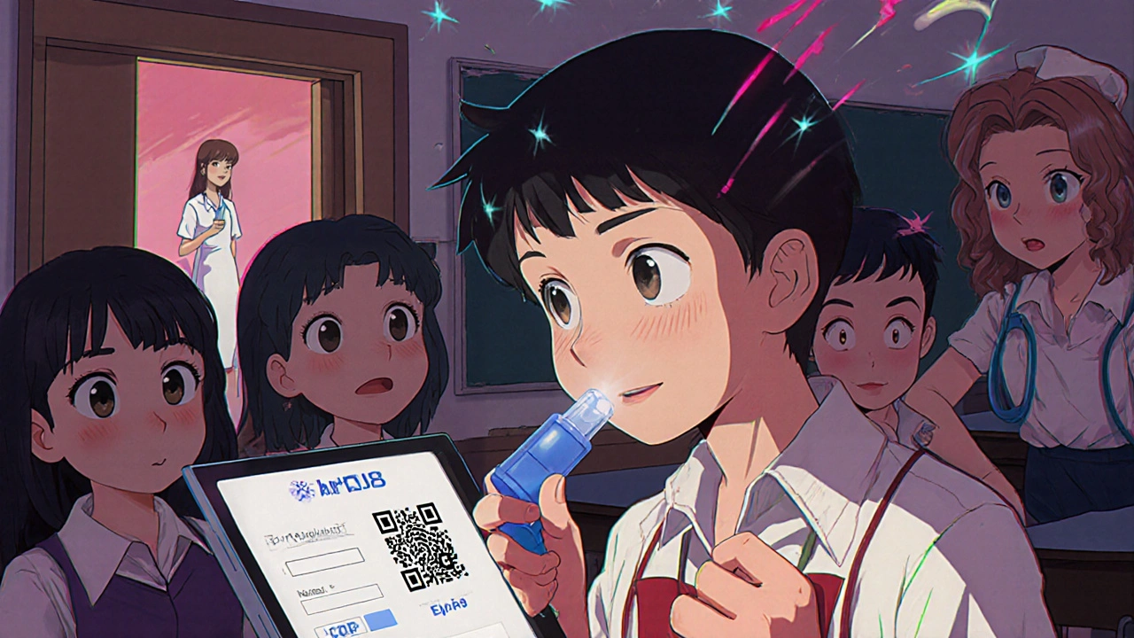 Child uses EpiPen in classroom as teacher and nurse watch, digital biometric screen in background.